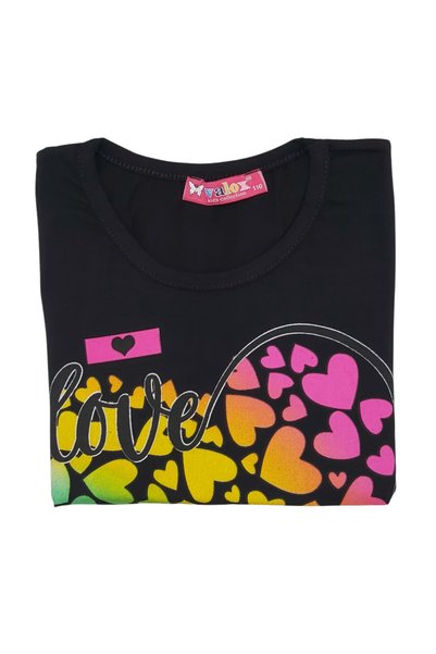 Walox Girl's Crew Neck Cotton Heart Printed Black T-Shirt