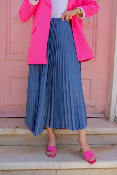 LOCCO Kadın Deri Görünümlü Beli Lastikli Uzun Piliseli Etek Mavi