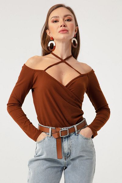 Lafaba Women's Brown Tied Knitted Blouse