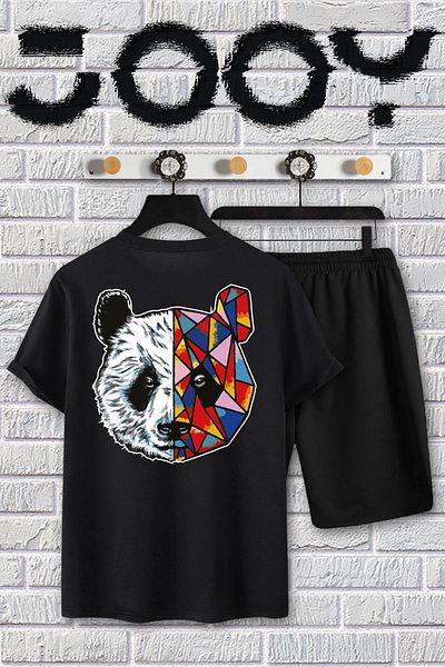 Jooy Company Μαύρο Σετ μπλουζάκι με στάμπα Tokyo Panda Oversize και χτενισμένο βαμβακερό σορτς