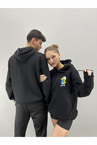 Benisengiydir Unisex Black Smurfs Printed Hoodie Lover Couple Combination Set of 2