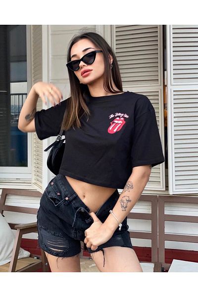 COOL TARZ Tricou crop imprimat cu limbă neagră față spate