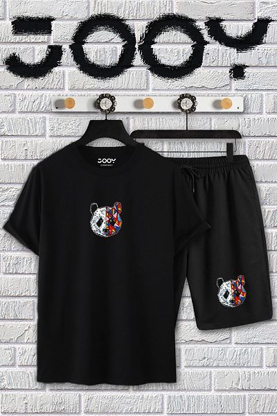 Jooy Company Μαύρο Σετ μπλουζάκι με στάμπα Tokyo Panda Oversize και χτενισμένο βαμβακερό σορτς