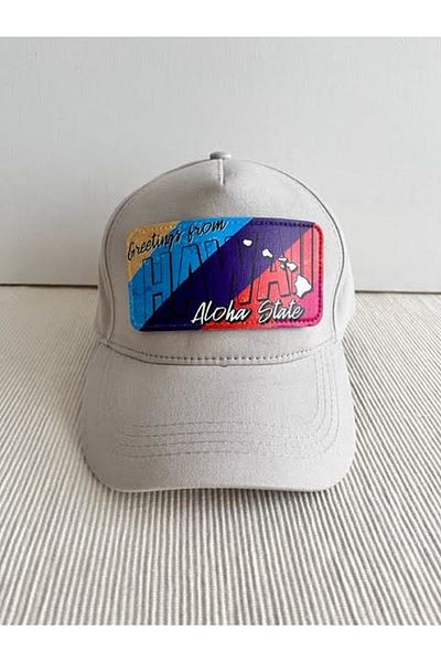 CosmoOutlet Havana Aloha State Illustrated Removable Logo Adjustable Unisex Sticker Mesh Ecru Hat