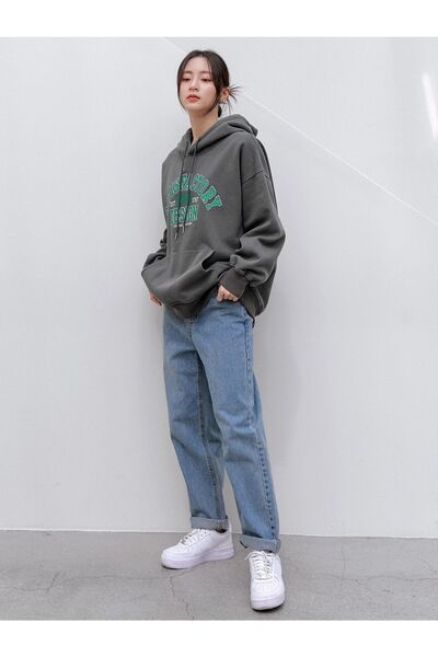 Benisengiydir Women's Anthracite Satisfactory Printed Oversize Hooded Sweatshirt