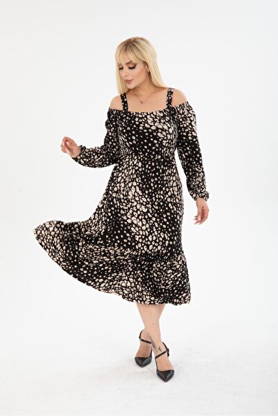 mezura tekstil Plus Size Above Knee Long Sleeve Madonna Collar Skirt Ruffled Stylish Viscose Combed Cotton Dress