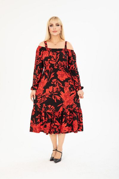 mezura tekstil PLUS SIZE BELOW KNEE LONG SLEEVE MADONNA COLLAR SKIRT Ruffle STYLISH VISCOSE COMBED DRESS