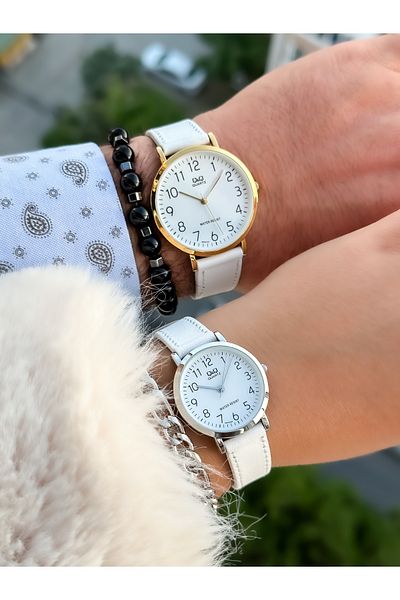 Q&Q Brand White Color, 24 Months Warranty, Waterproof, Leather Strap with Numbers Lover Wristwatches+Bracelet