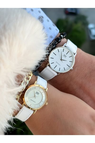 Q&Q Brand White Color, 24 months Warranty, Waterproof, Leather Strap Lover Wristwatches + Bracelet