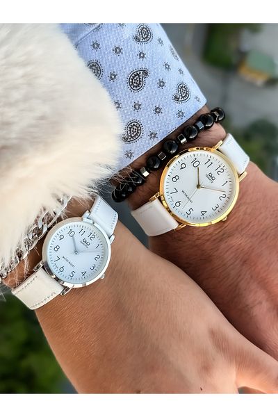 Q&Q Brand White Color, 24 Months Warranty, Waterproof, Leather Strap with Numbers Lover Wristwatches+Bracelet