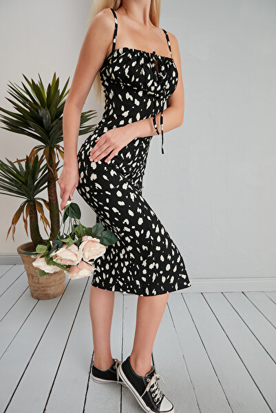 Hisleria Dalmatian Pattern Front Tie Slit Midi Dress