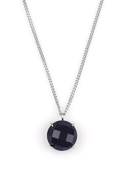 Alibaba Doğaltaş Obsidian Natural Stone Silver Colored Necklace
