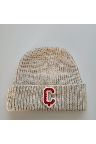 initialess Mohair Folded Knitted Stone Wool Beret with Letter C