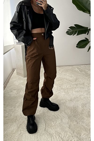 NET OF NOT Kahverengi Ayarlanabilir Bel Paraşüt Kumaş Pantolon