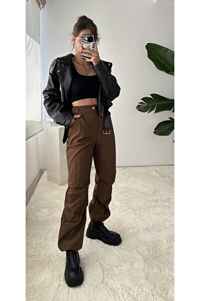 NET OF NOT Kahverengi Ayarlanabilir Bel Paraşüt Kumaş Pantolon