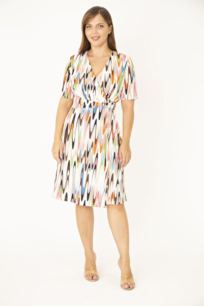 Şans Women's Large Size Colorful Wrap Collar Belted Waist Dress 65N36880