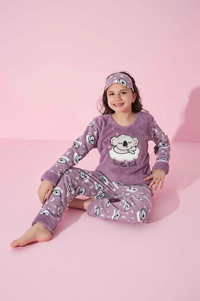Tarık Girls, Youth and Children Koala Patterned Long Sleeve Polar Plush Fabric Winter Warm Pajamas Set