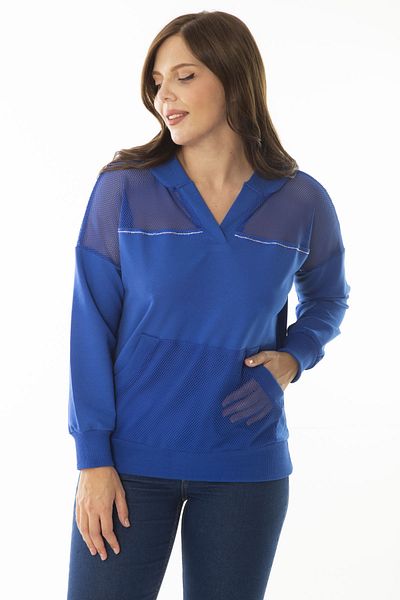 Şans Women's Large Size Saks Mesh Detailed Kangaroo Pocket Hooded Swatshirt 65N36868