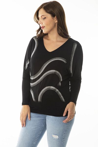 Şans Women's Large Size Black Stone Detailed V-Neck Long Sleeve Blouse 65N36861