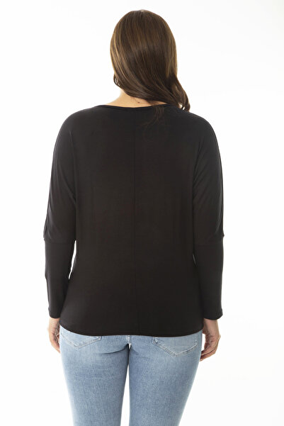 Şans Γυναικεία μπλούζα μεγάλου μεγέθους μαύρη πέτρα λεπτομερή μανίκια 65N36864