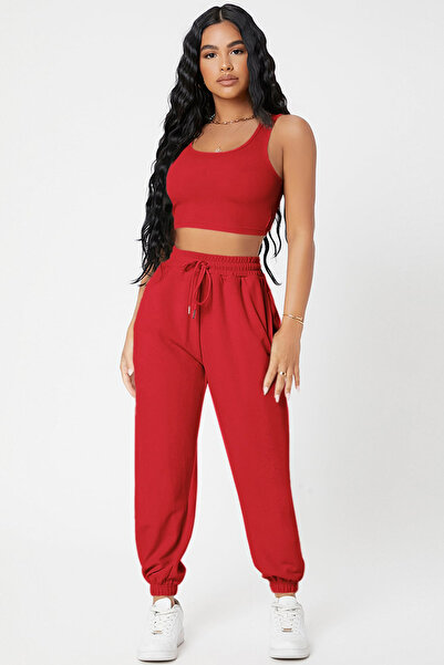 Imoda Kadın Kırmızı Kaşkorse Cepli Jogger Eşofman Altı ve Crop Top Bluz