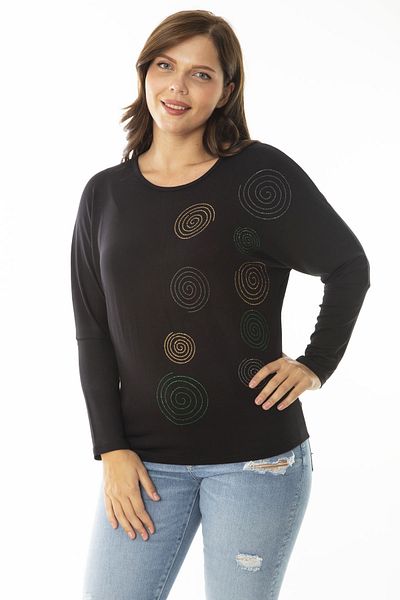 Şans Women's Large Size Black Stone Detailed Bat Sleeve Blouse 65N36864