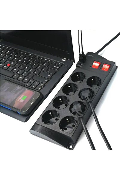 fortrek 2 m Uzatma Kablosu Çoklu Priz Termal Akım Korumalı 8'li Priz 3 Usbli
