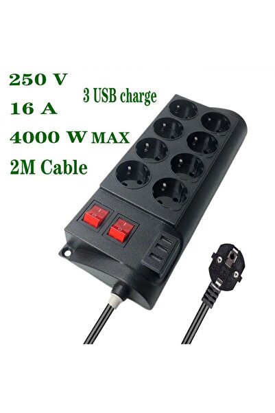 fortrek 2 m Uzatma Kablosu Çoklu Priz Termal Akım Korumalı 8'li Priz 3 Usbli