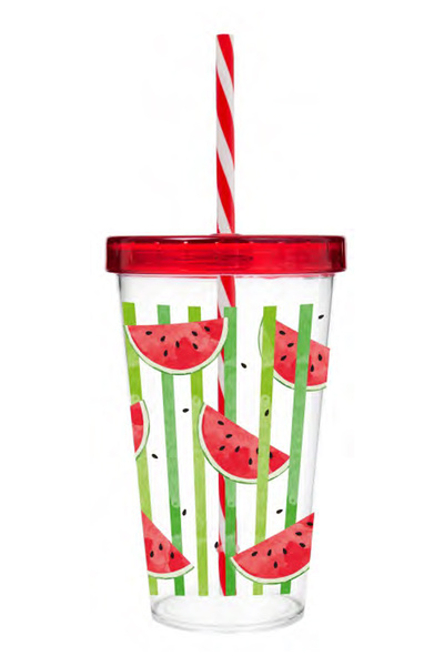krommet Slice Watermelon Pattern Glass with Straw 660 Cc