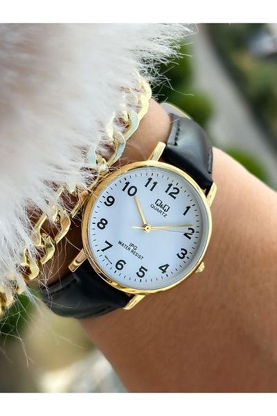 Q&Q Brand Retro Black Color, 24 Months Warranty, Waterproof, Leather Strap with Numbers Women's Wristwatch+Bracelet