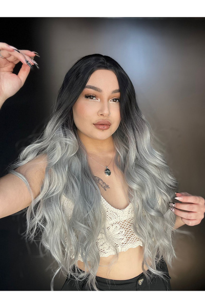 Suzan Peruk Uzun Su Dalgası Peruk - Siyah Gri Ombreli