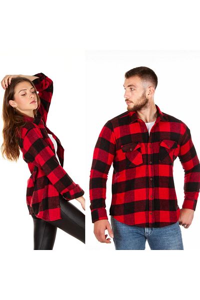 BENESSE Slim Fit Red Black Plaid Unisex Lumberjack Shirt