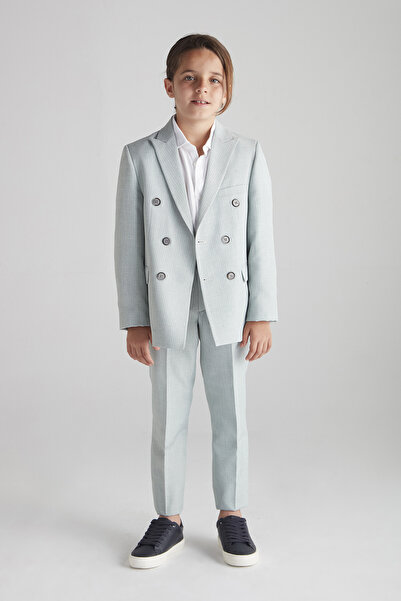 hoQuspoQus Erkek Çocuk Kruvaze Çizgili Takım Elbise (Su Yeşili) - Üçlü Takım (Pantolon,Gömlek,Ceket)