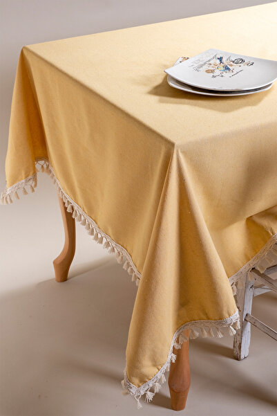 vivamaison Yellow Colored Cotton Pompom Tablecloth