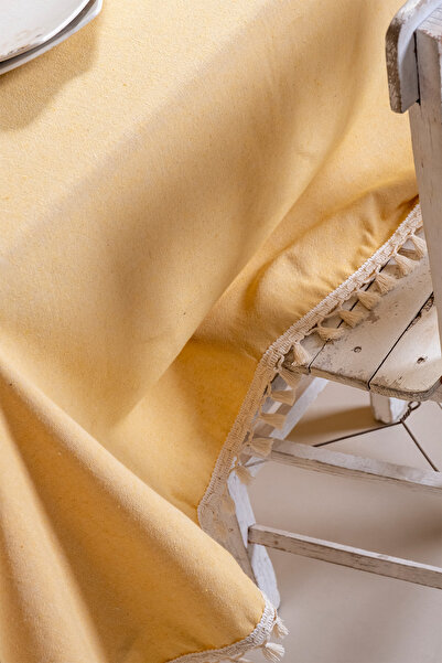 vivamaison Yellow Colored Cotton Pompom Tablecloth
