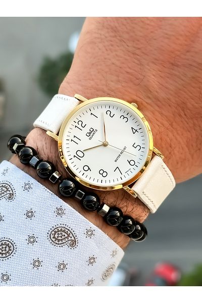 Q&Q Brand Retro White Color, 24 Months Warranty, Waterproof, Leather Strap with Numbers Men's Wristwatch+Bracelet