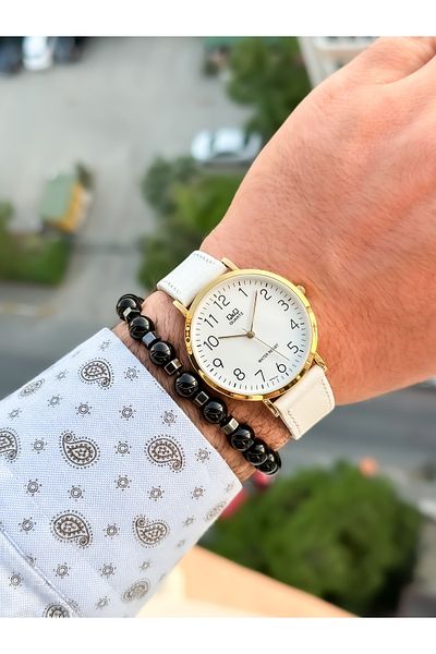 Q&Q Brand Retro White Color, 24 Months Warranty, Waterproof, Leather Strap with Numbers Men's Wristwatch+Bracelet