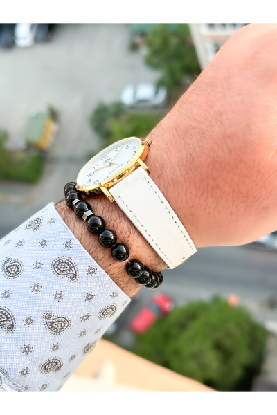 Q&Q Brand Retro White Color, 24 Months Warranty, Waterproof, Leather Strap with Numbers Men's Wristwatch+Bracelet