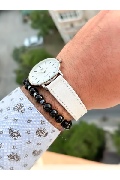 Q&Q Brand Retro White Color, 24 months Warranty, Waterproof, Leather Strap Men's Wristwatch+Bracelet