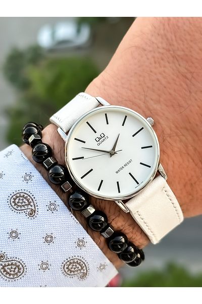 Q&Q Brand Retro White Color, 24 months Warranty, Waterproof, Leather Strap Men's Wristwatch+Bracelet