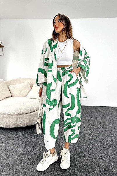 Die&More طقم كيمونو نسائي منقوش بالفرشاة مع بنطال شالوار