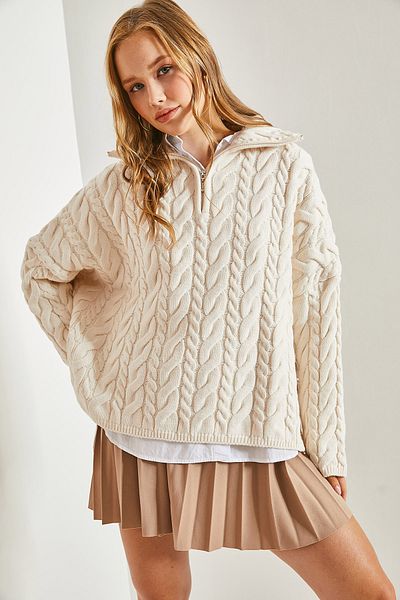Bianco Lucci Gemusterter Damen-Strickpullover mit Rollkragen und Reißverschluss