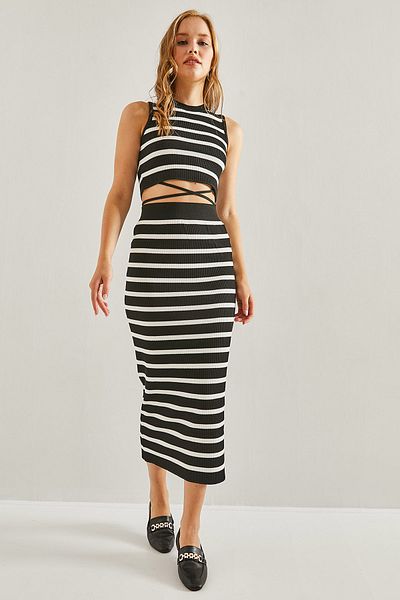 Bianco Lucci Women's Striped Crop Tie Blouse with Elastic Waist Skirt Top and Bottom Set