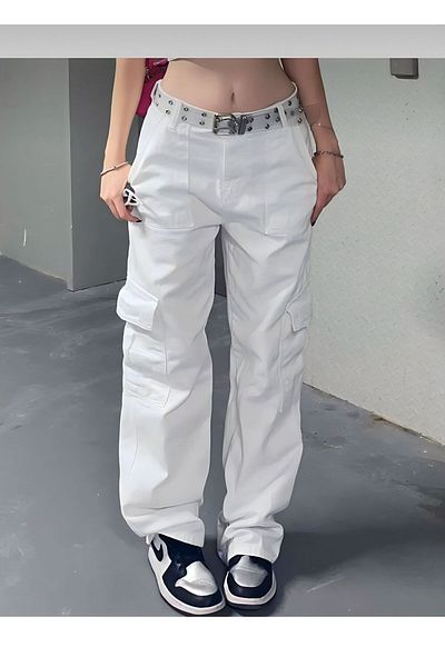 BROWSER Darla Women's White High Waist Cargo Pocket Wide Leg Pants