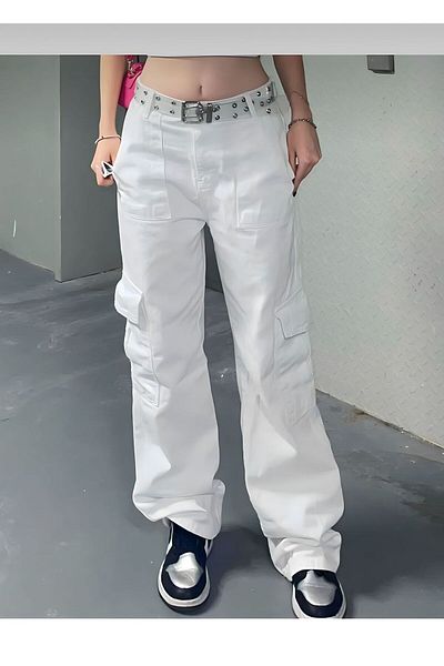 BROWSER Darla Women's White High Waist Cargo Pocket Wide Leg Pants