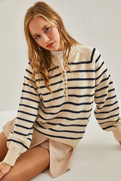 Bianco Lucci Dámský rolák s proužkovaným úpletovým svetrem s knoflíkovým límečkem