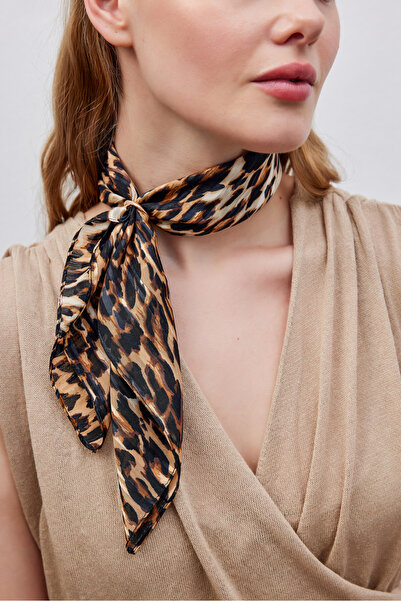 THE MOON Wild Leopar Desenli Işıltılı Kahverengi Pamuk Ipek Fular Bandana