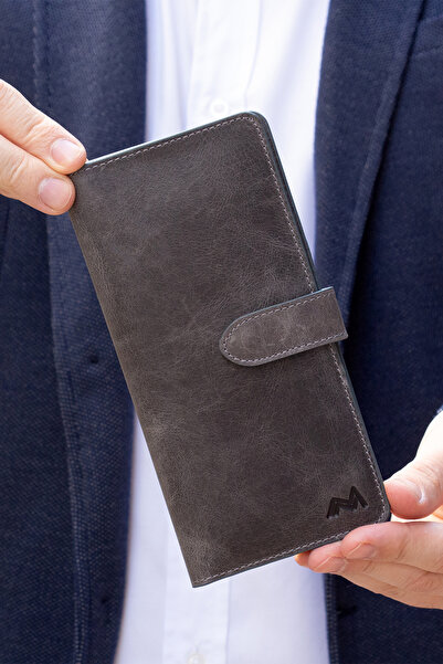 TESBİHCİBABA Mandarin| Anthracite Paris Men's Leather Wallet with Phone Compartment, Card Holder