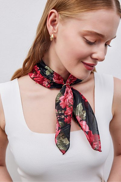 THE MOON Garden Roses Red Flower Patterned Sparkling Black Cotton Silk Scarf