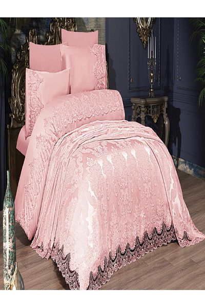 NASHOME TEKSTİL Double Dowry Box 6 Pieces Chenille Embroidered Pique Set Anje Elite